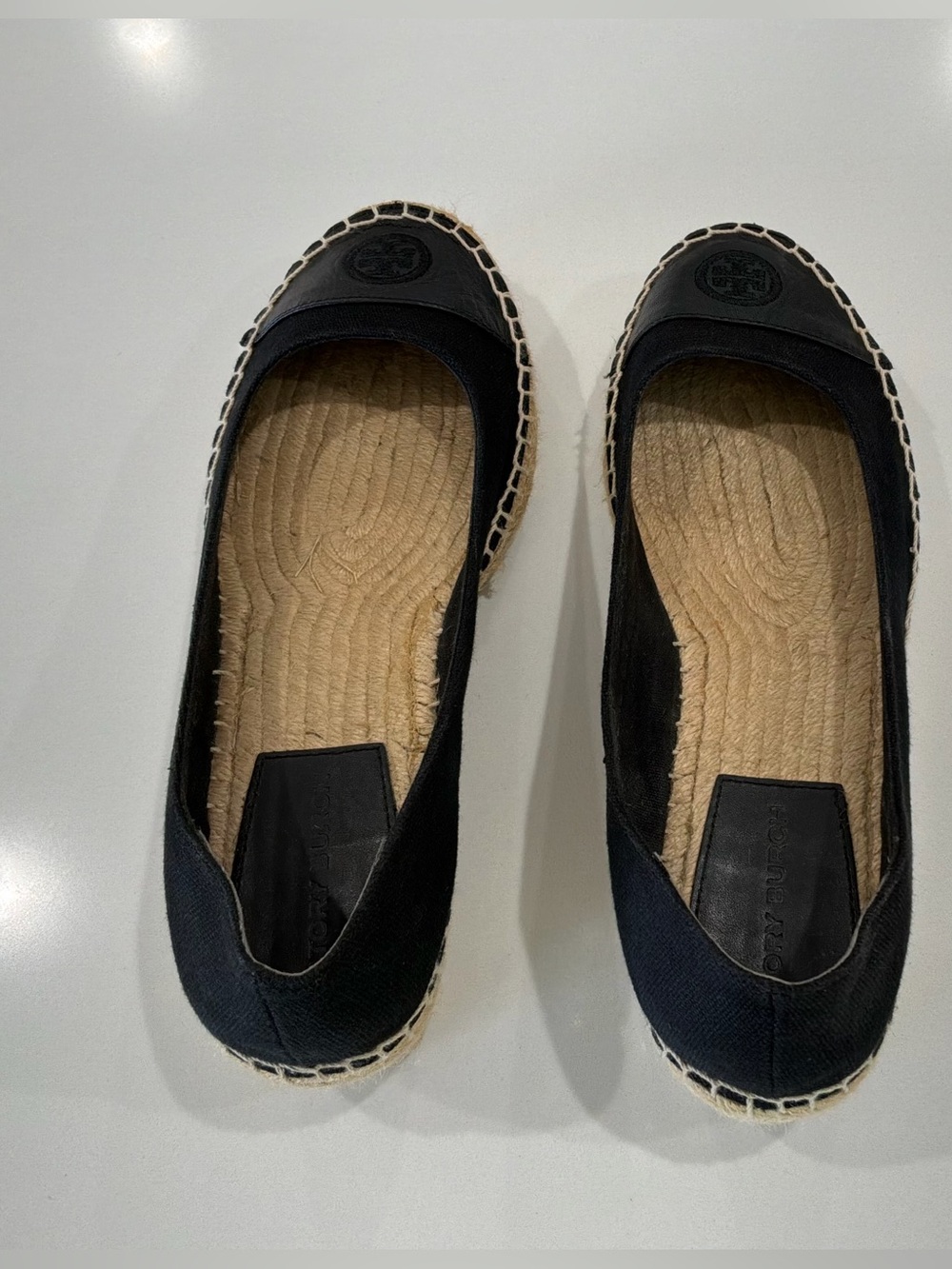 Tory Burch Weston Espadrille Flats Black Canvas Leather Logo Toe Women’s 9 - Picture 7 of 9